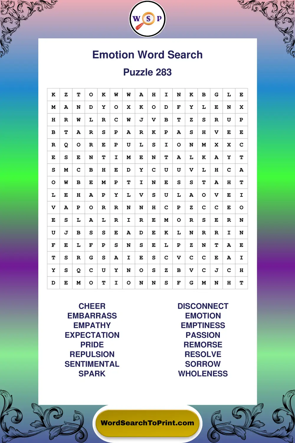 Emotion Word Search Puzzle 283