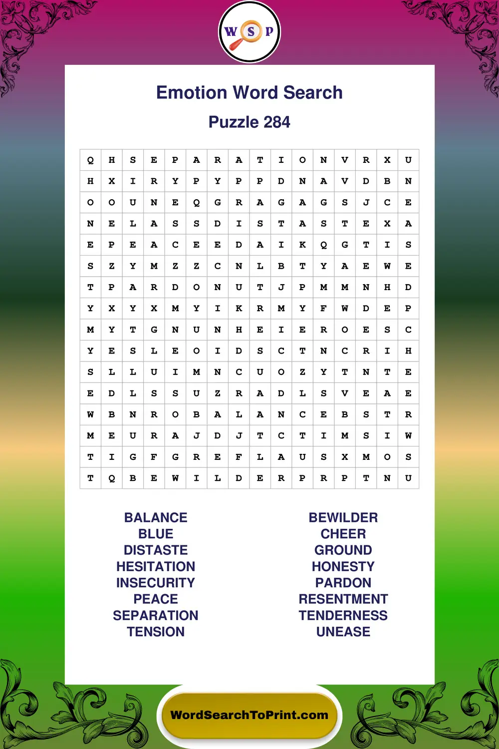 Emotion Word Search Puzzle 284