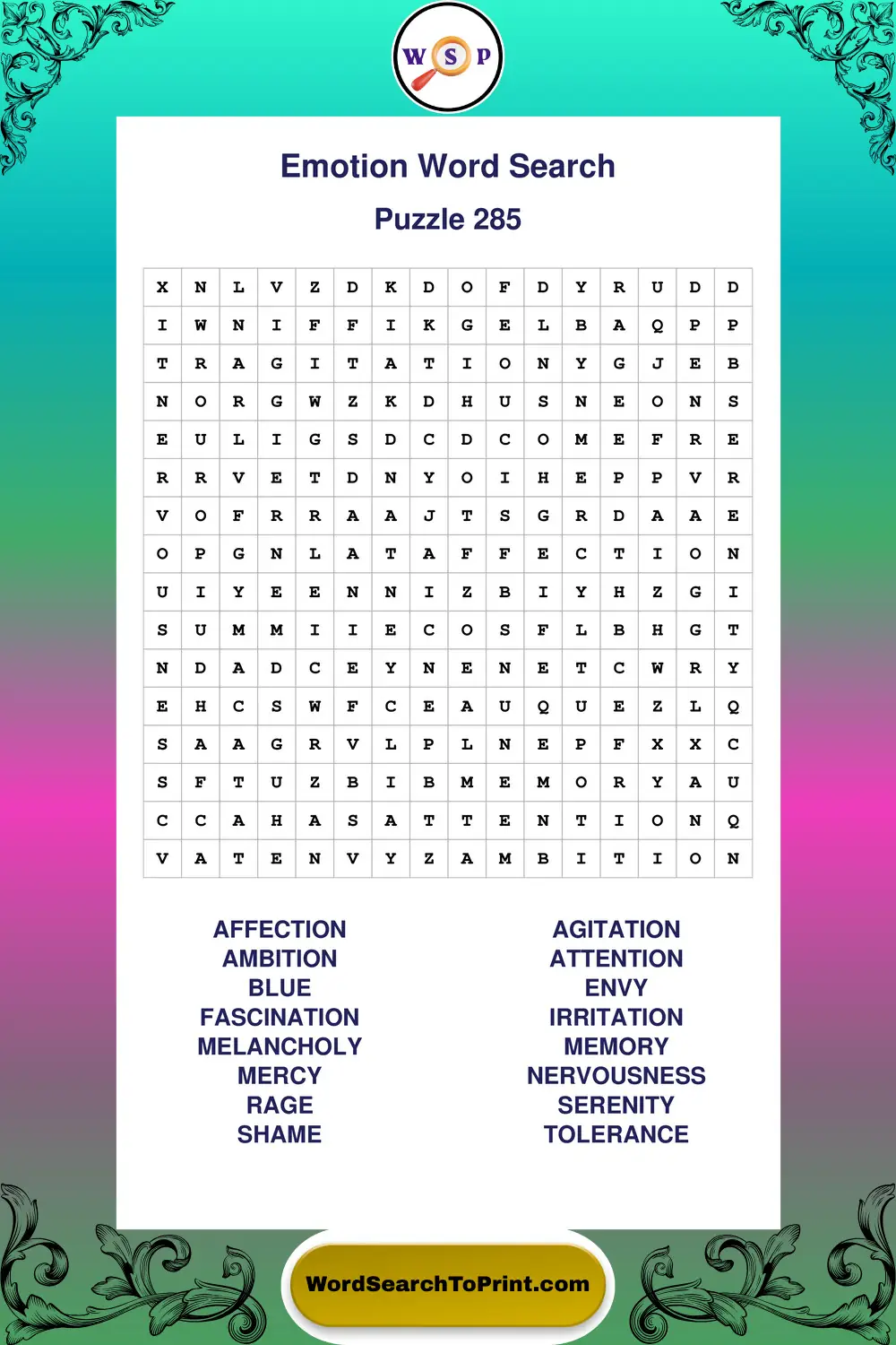 Emotion Word Search Puzzle 285