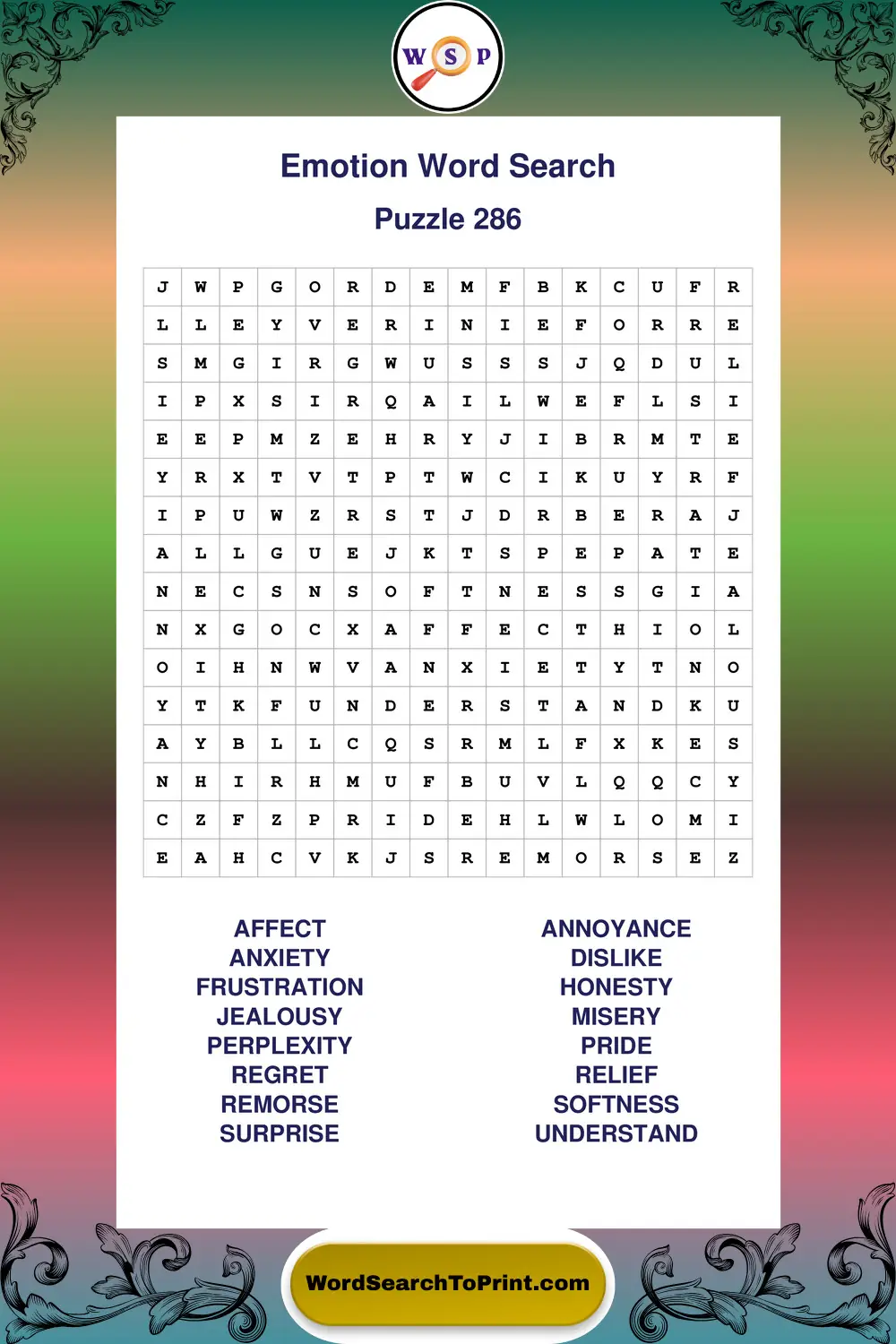 Emotion Word Search Puzzle 286