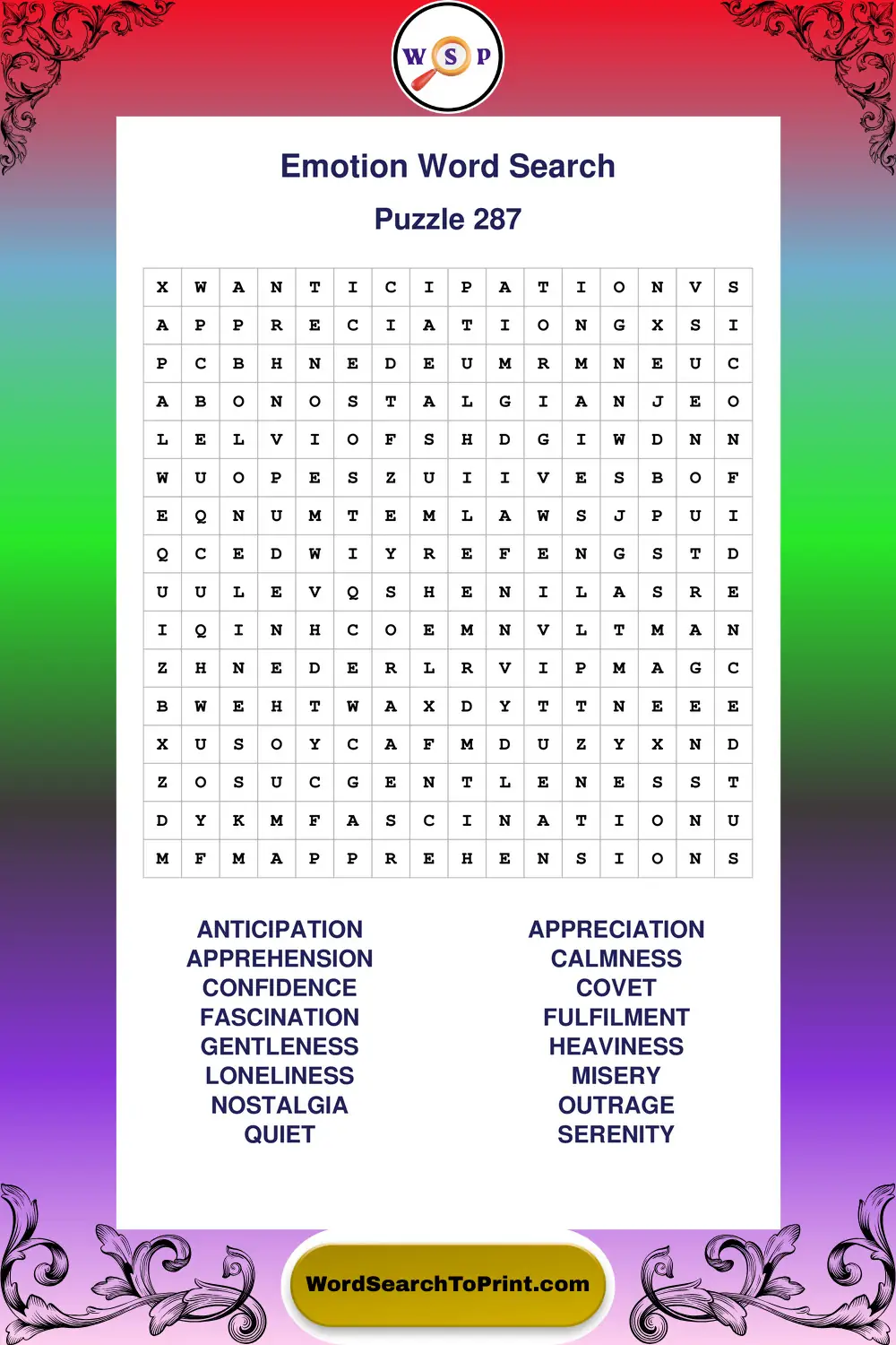 Emotion Word Search Puzzle 287