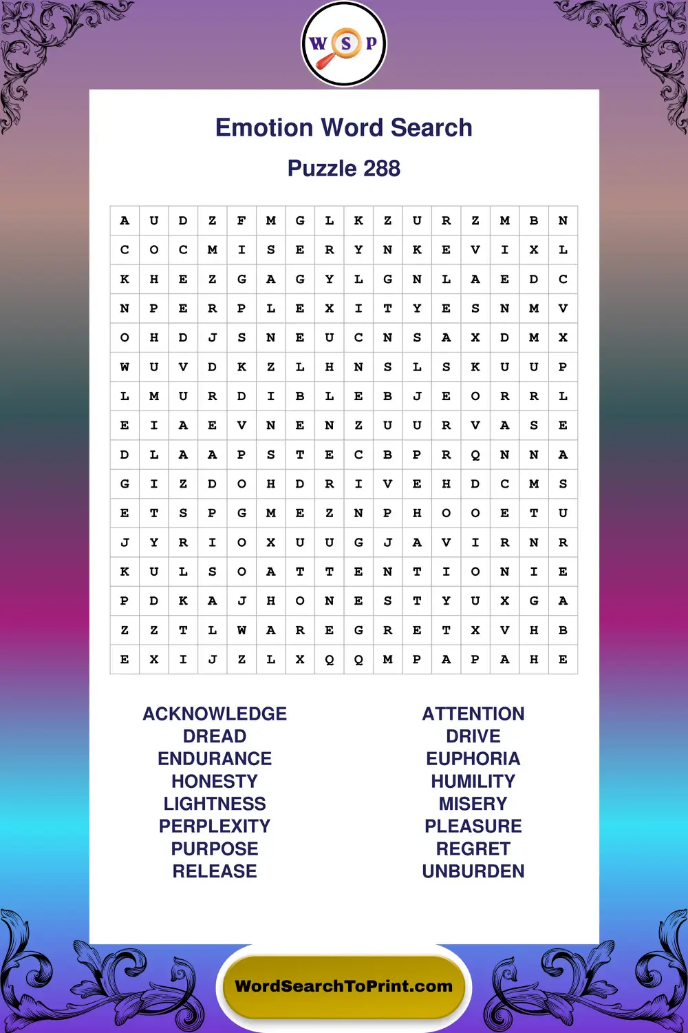 Emotion Word Search Puzzle 288