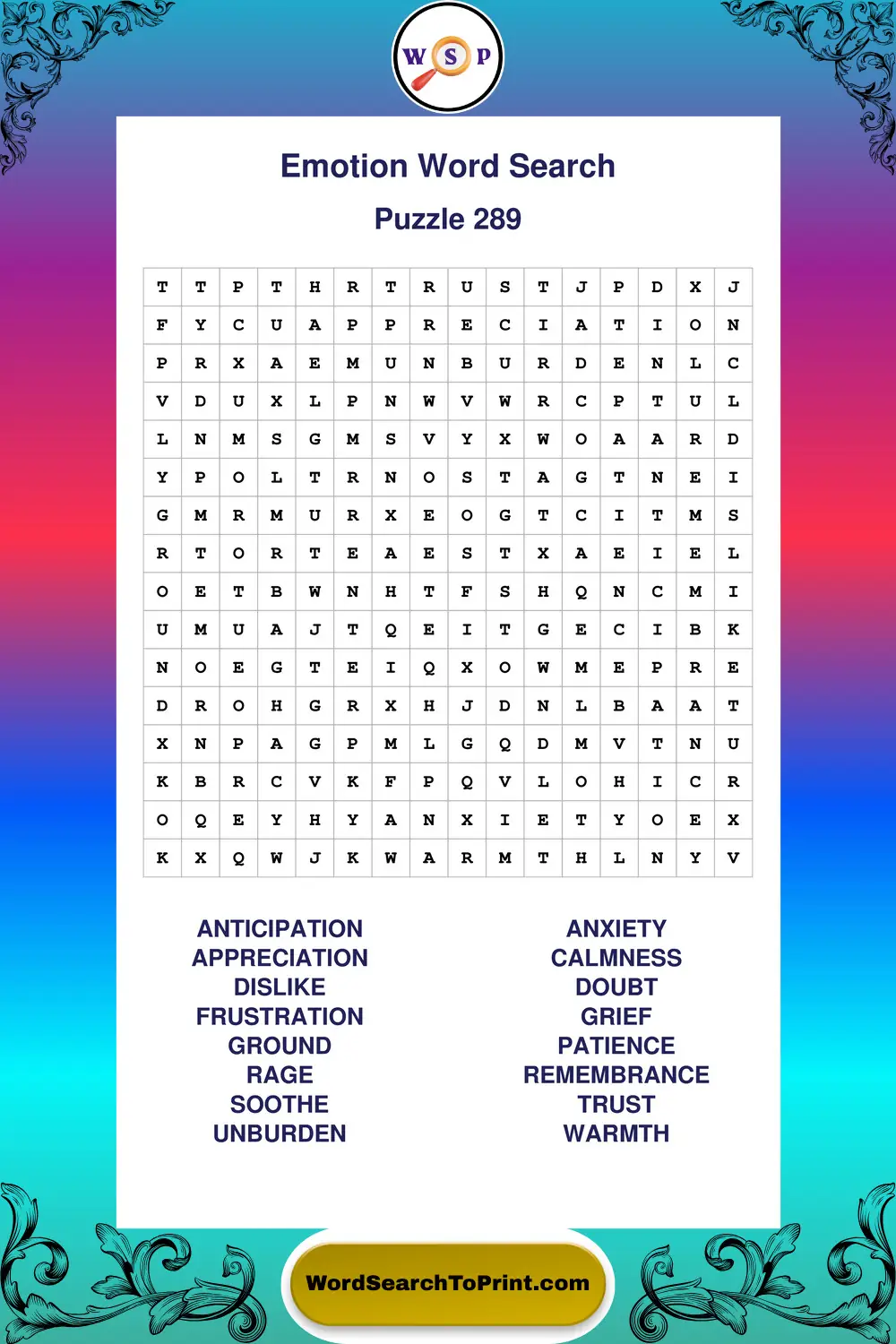 Emotion Word Search Puzzle 289