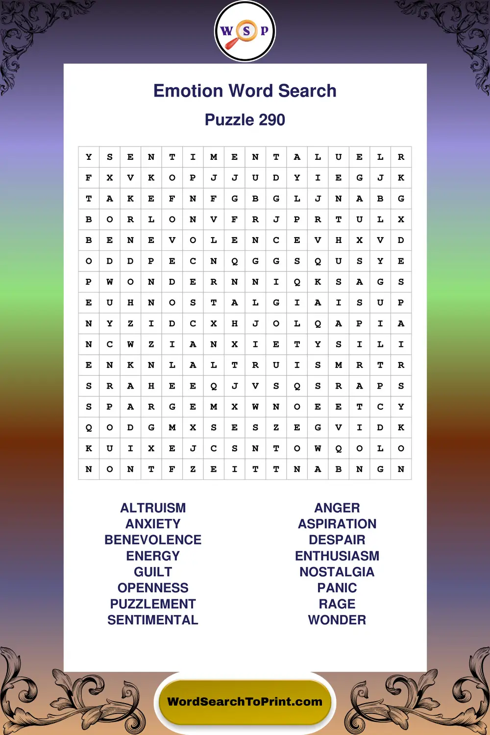 Emotion Word Search Puzzle 290