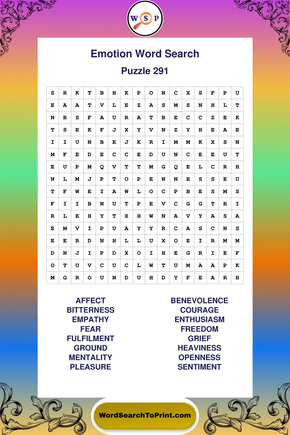 Emotion Word Search Puzzle 291