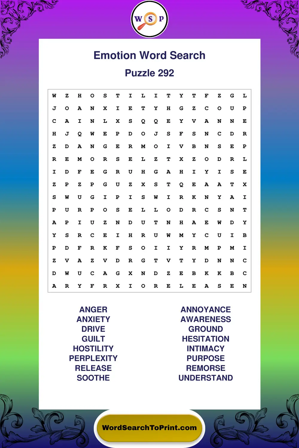 Emotion Word Search Puzzle 292