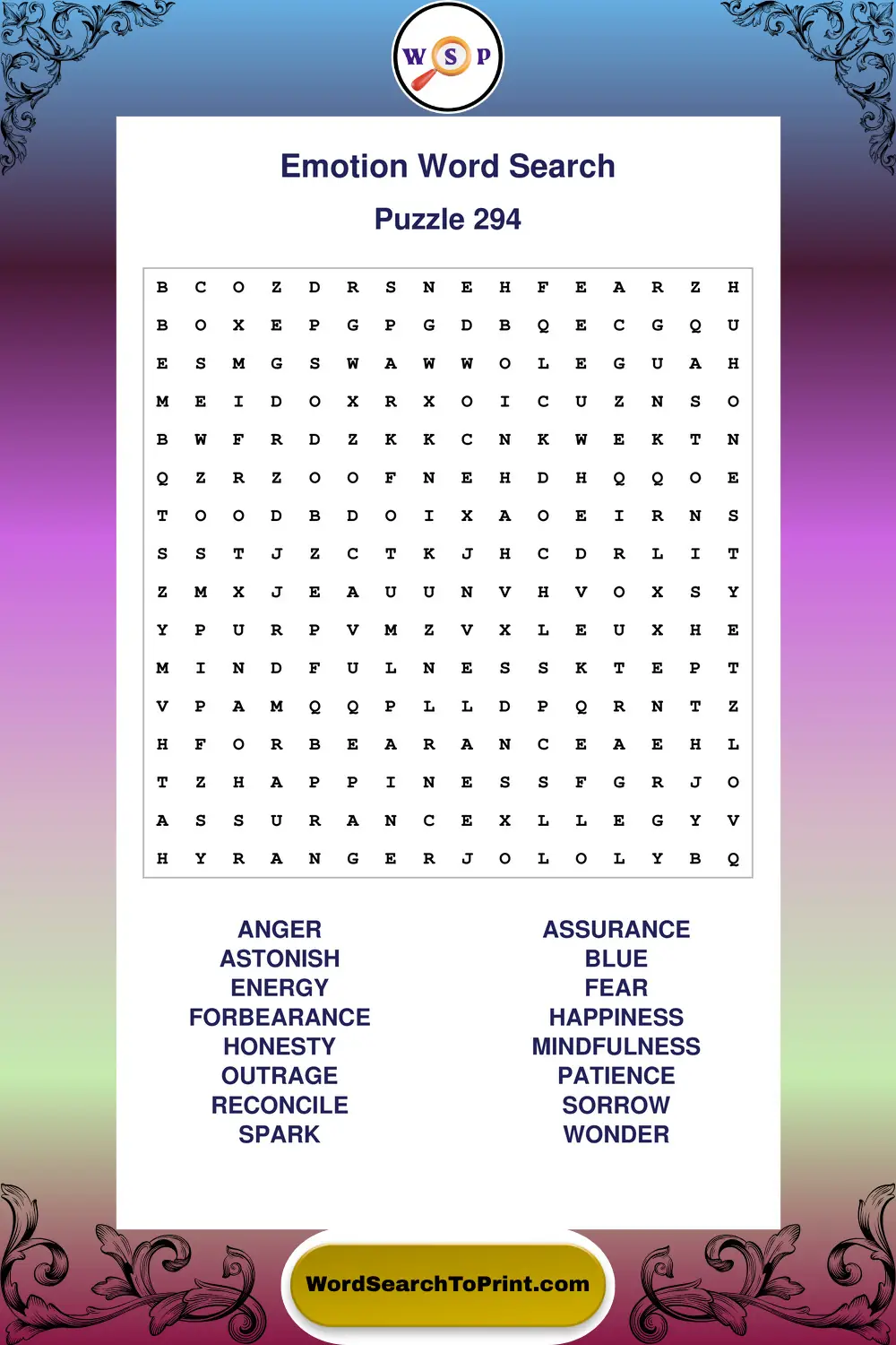 Emotion Word Search Puzzle 294
