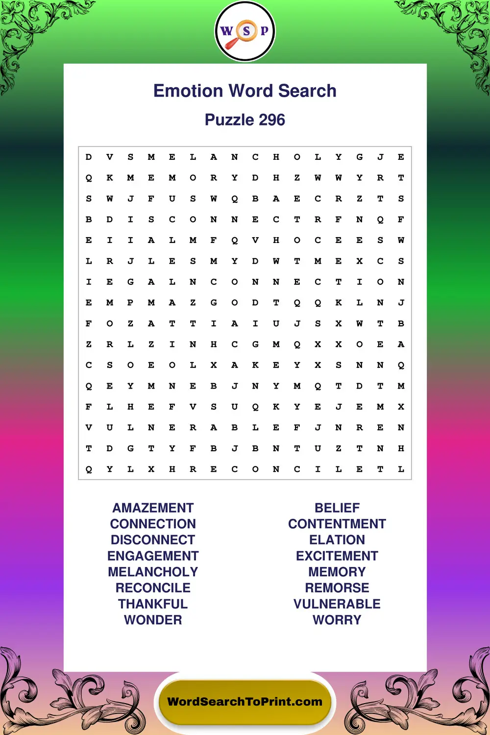 Emotion Word Search Puzzle 296
