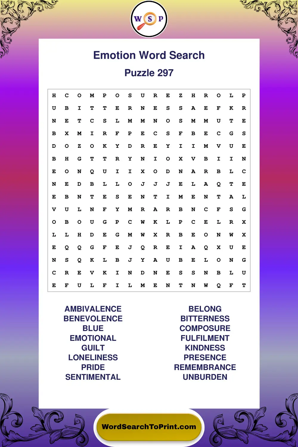 Emotion Word Search Puzzle 297