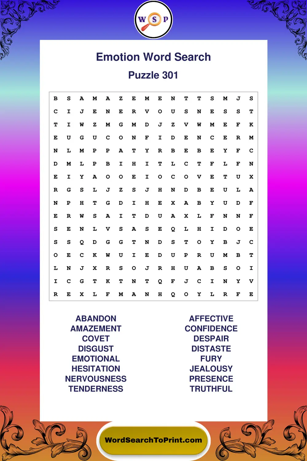 Emotion Word Search Puzzle 301