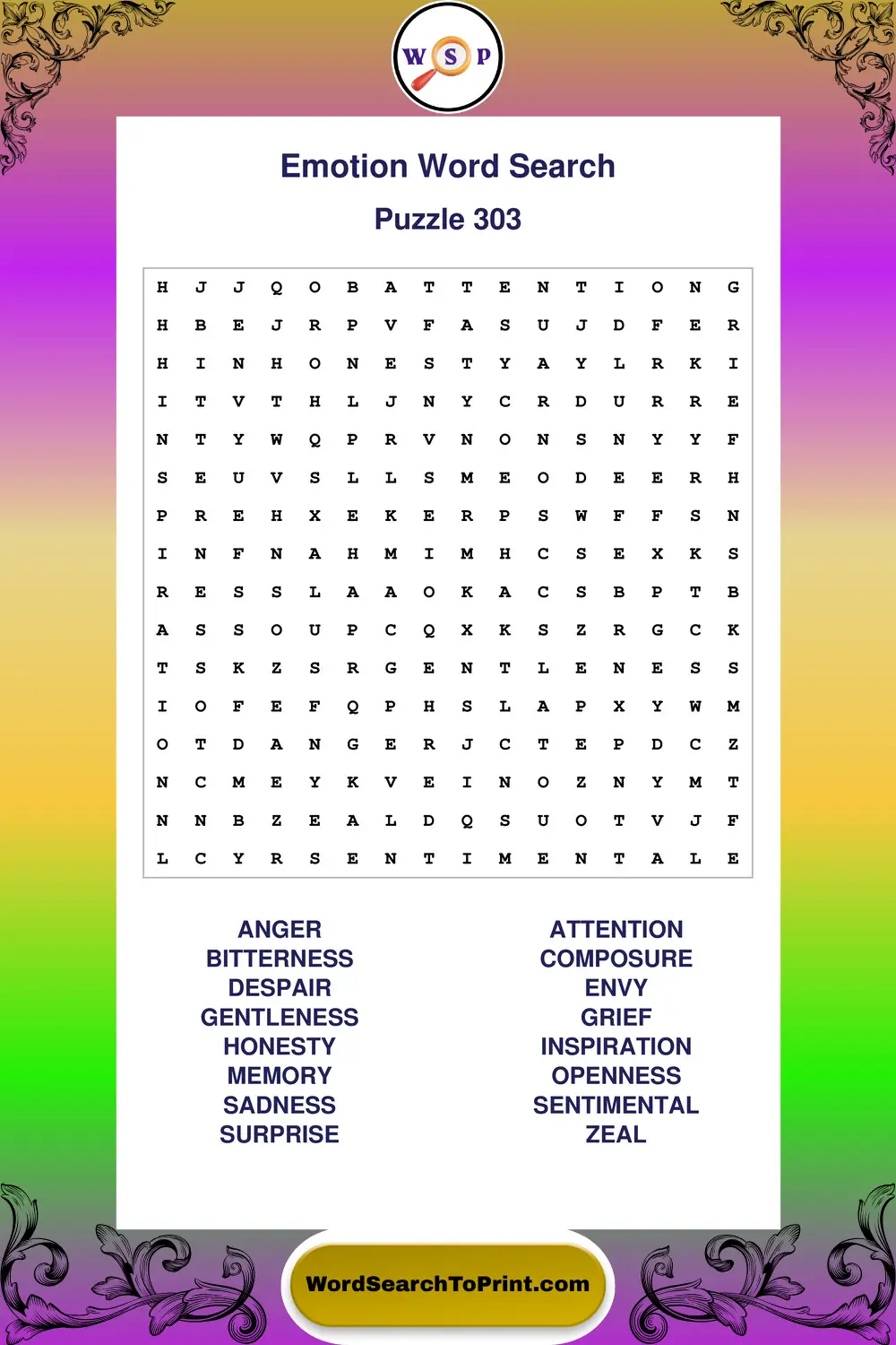 Emotion Word Search Puzzle 303