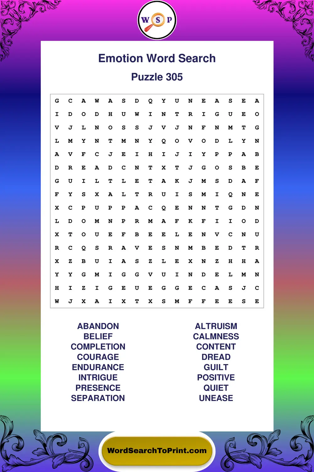 Emotion Word Search Puzzle 305