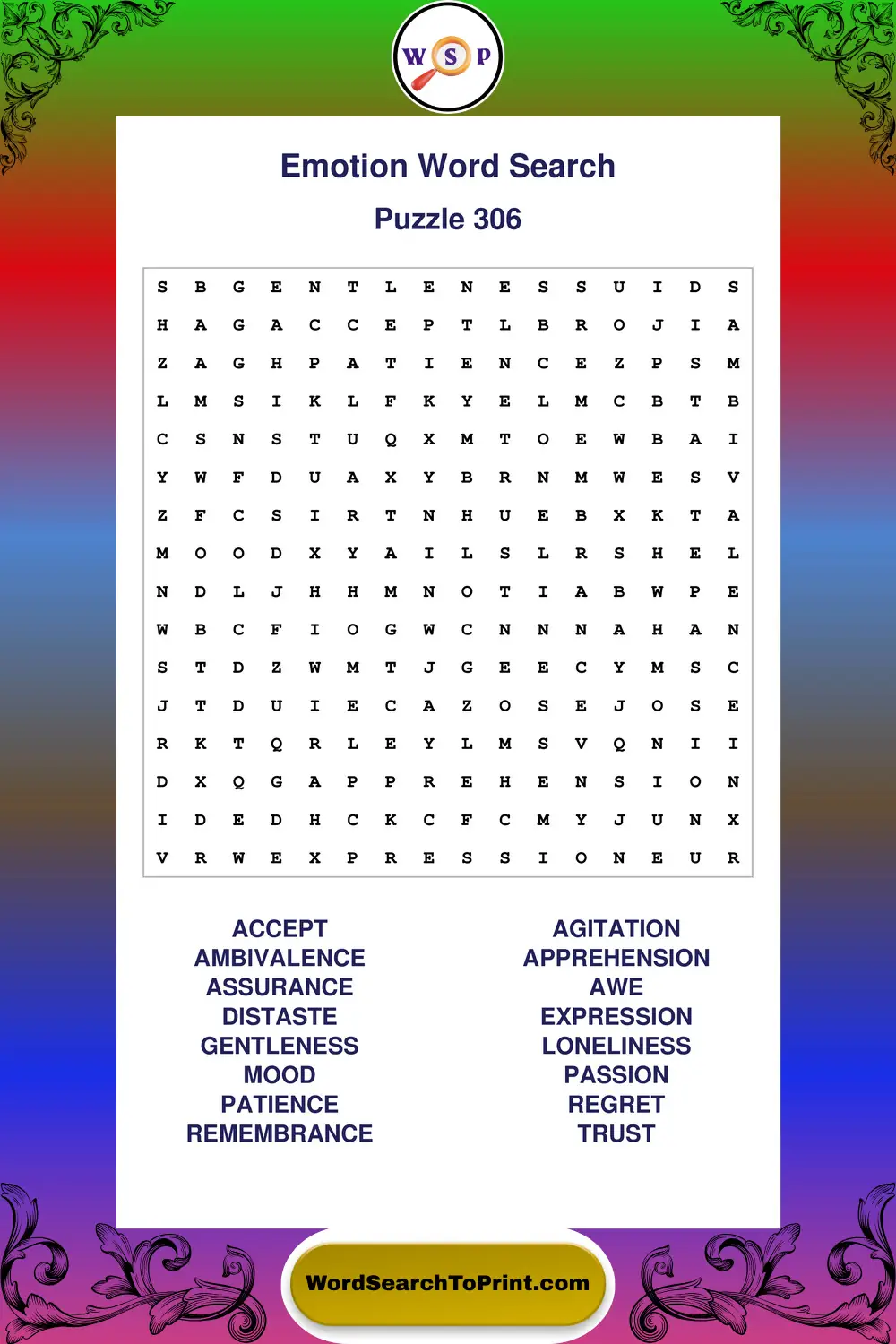 Emotion Word Search Puzzle 306