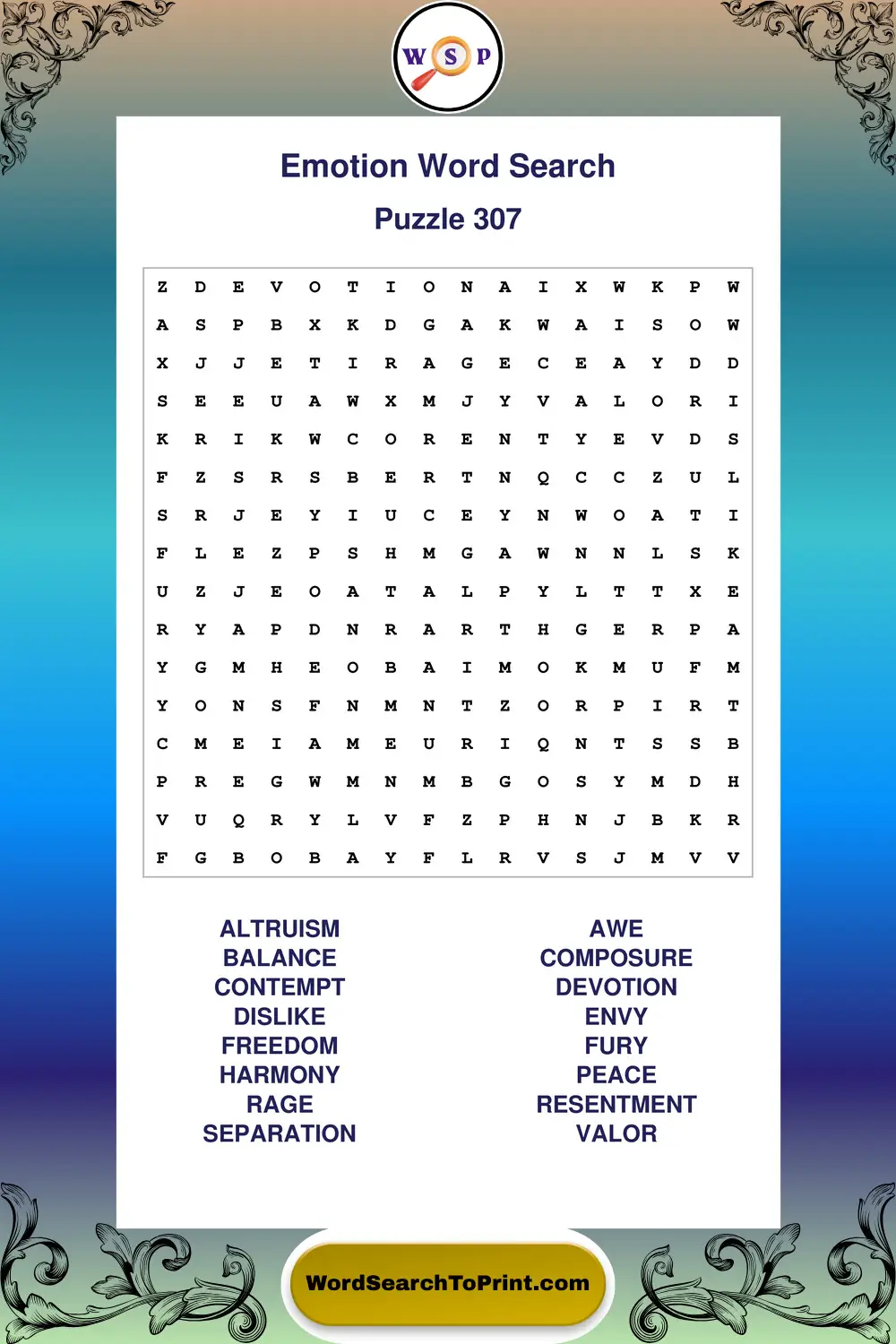 Emotion Word Search Puzzle 307