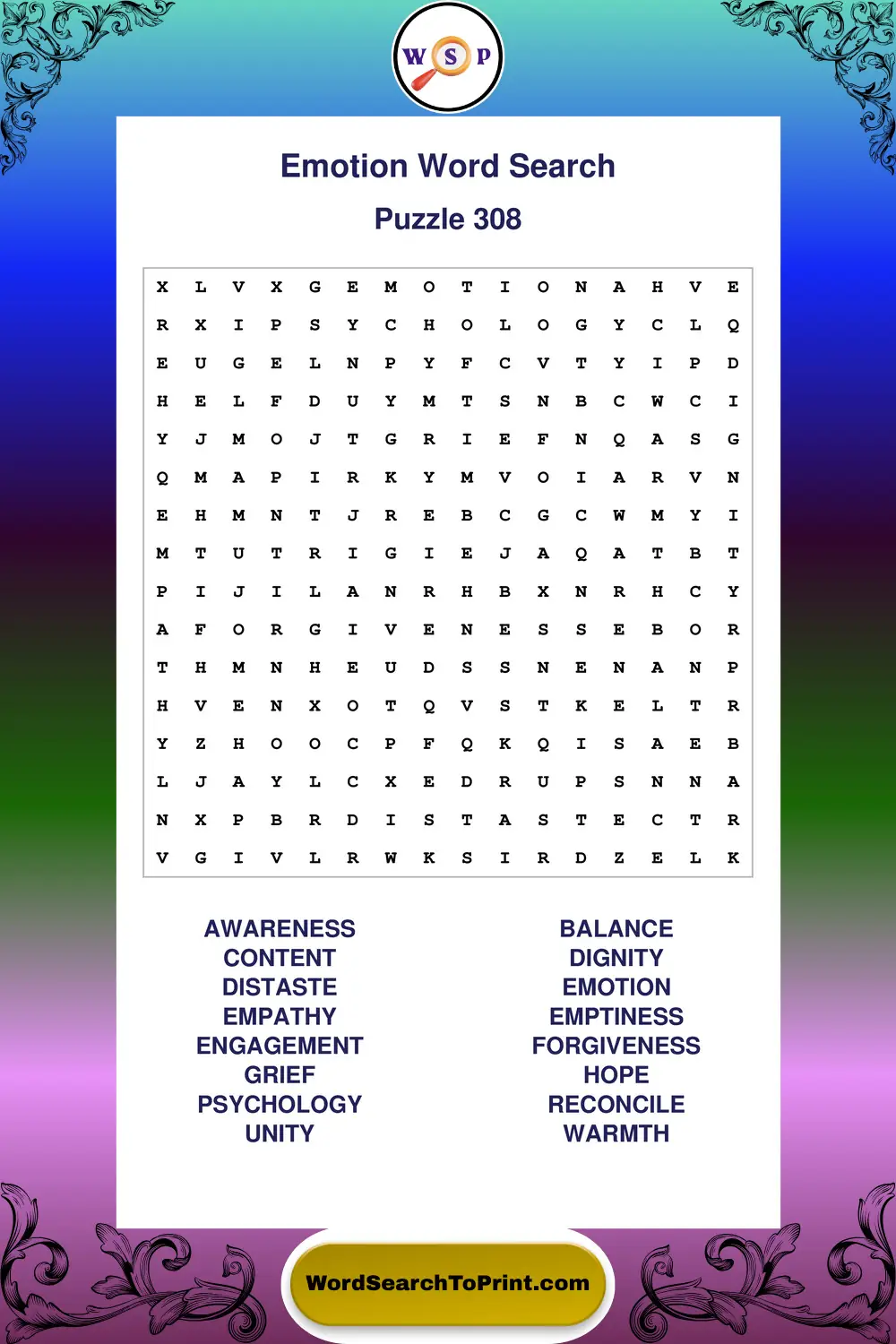 Emotion Word Search Puzzle 308