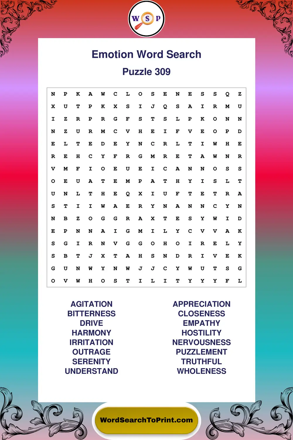 Emotion Word Search Puzzle 309