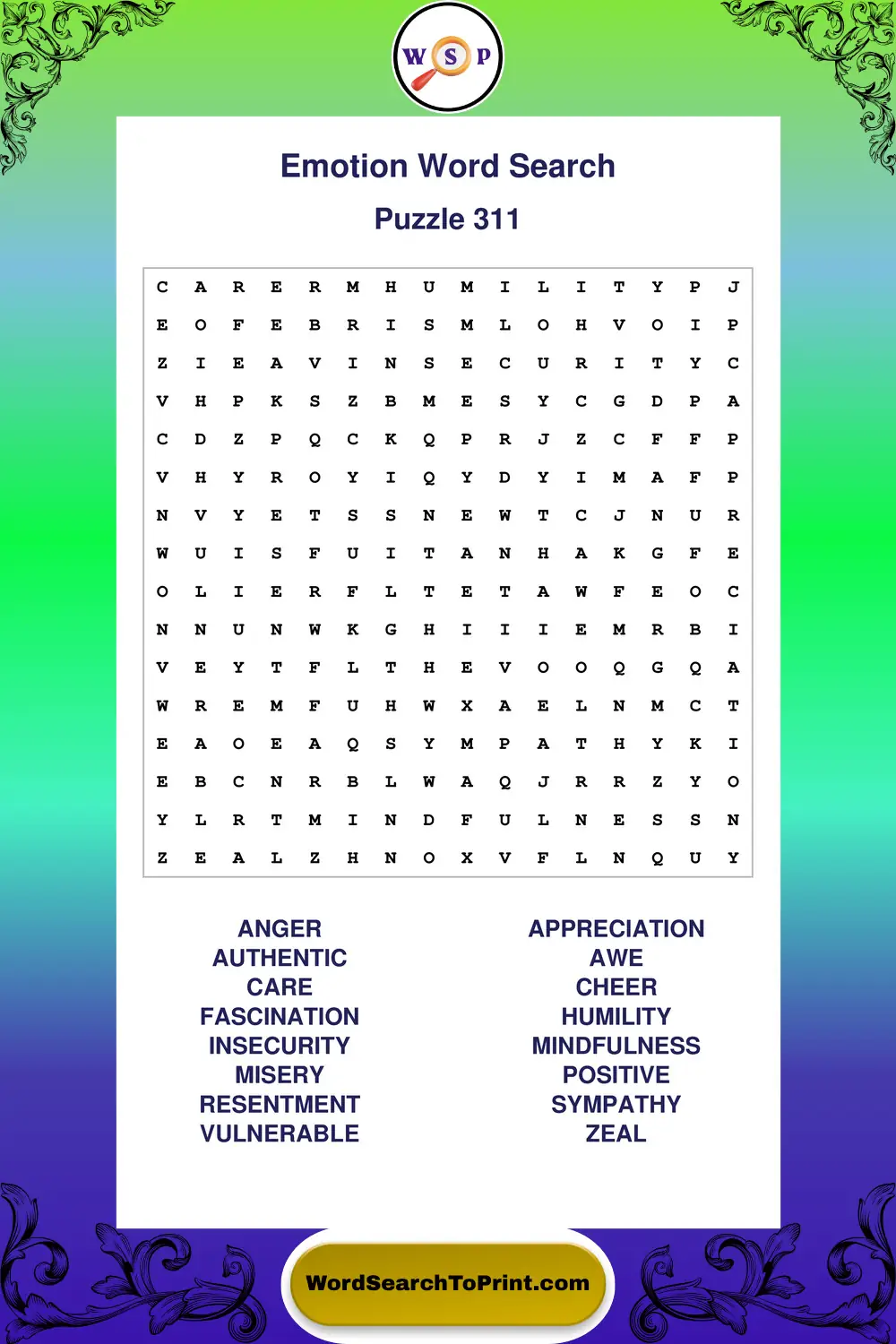 Emotion Word Search Puzzle 311