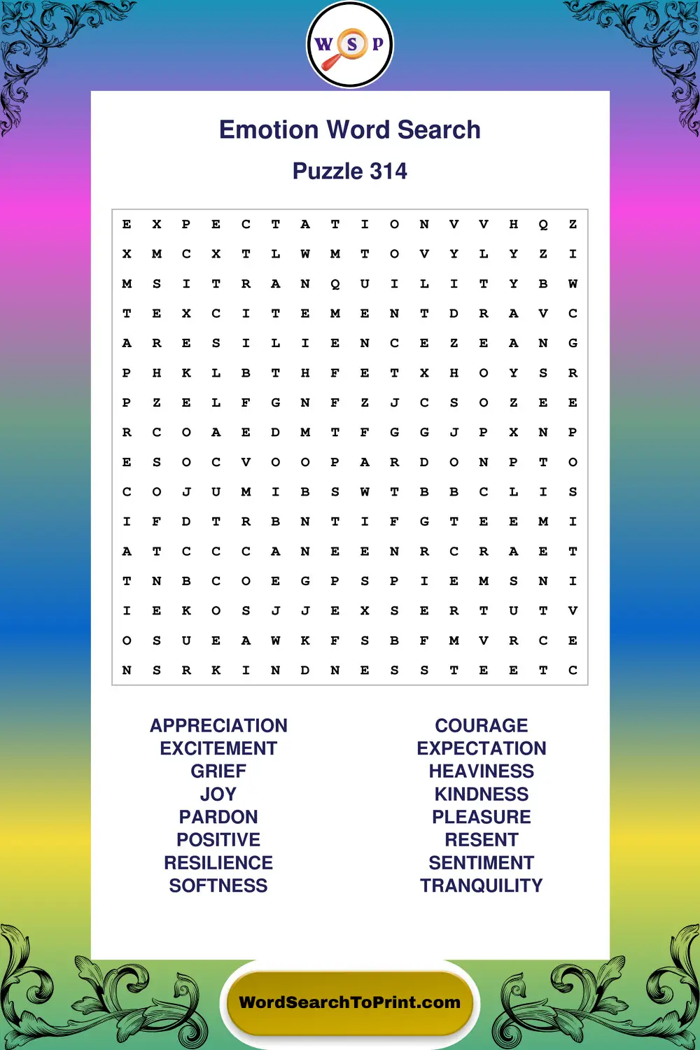 Emotion Word Search Puzzle 314