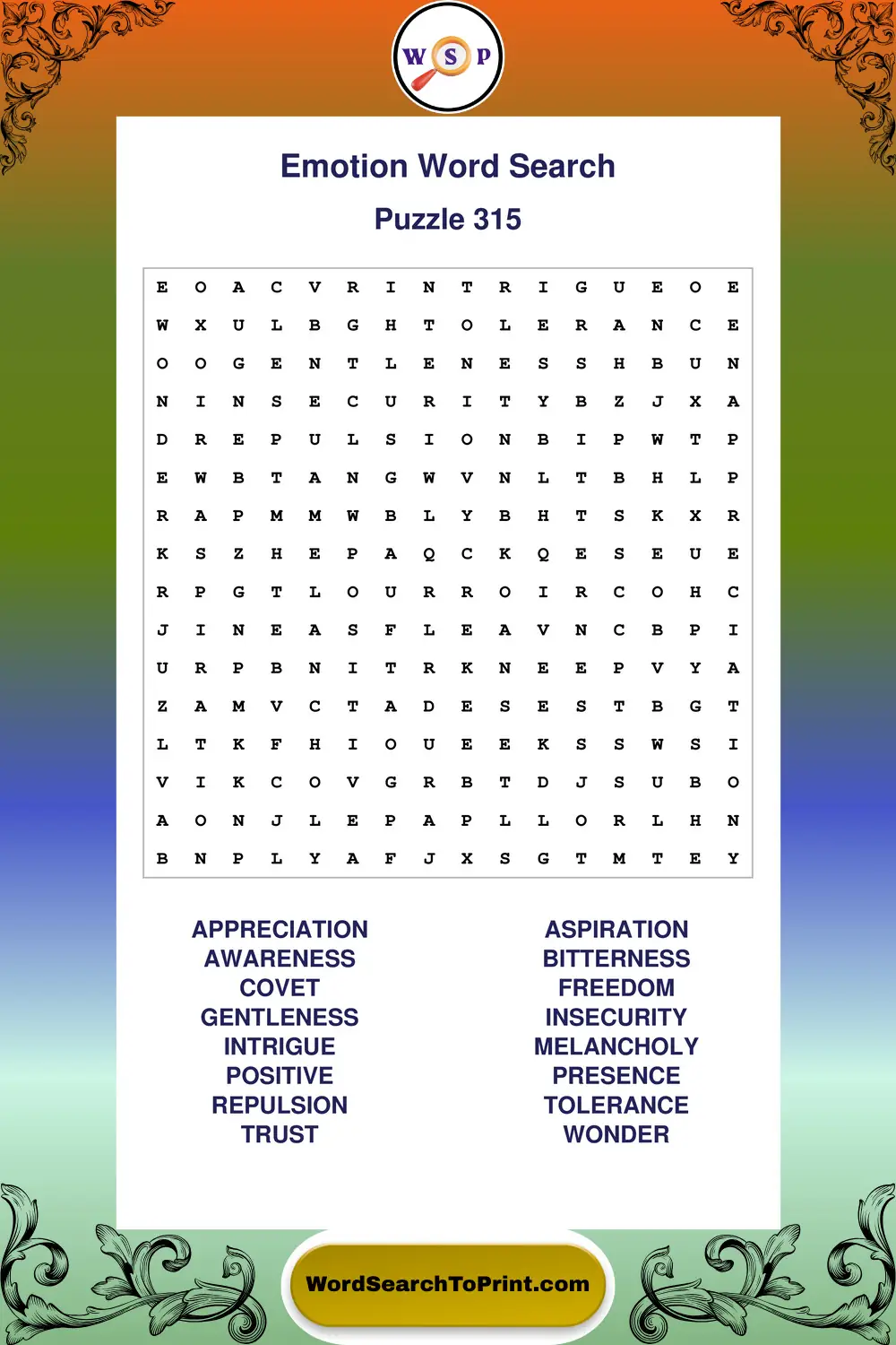 Emotion Word Search Puzzle 315