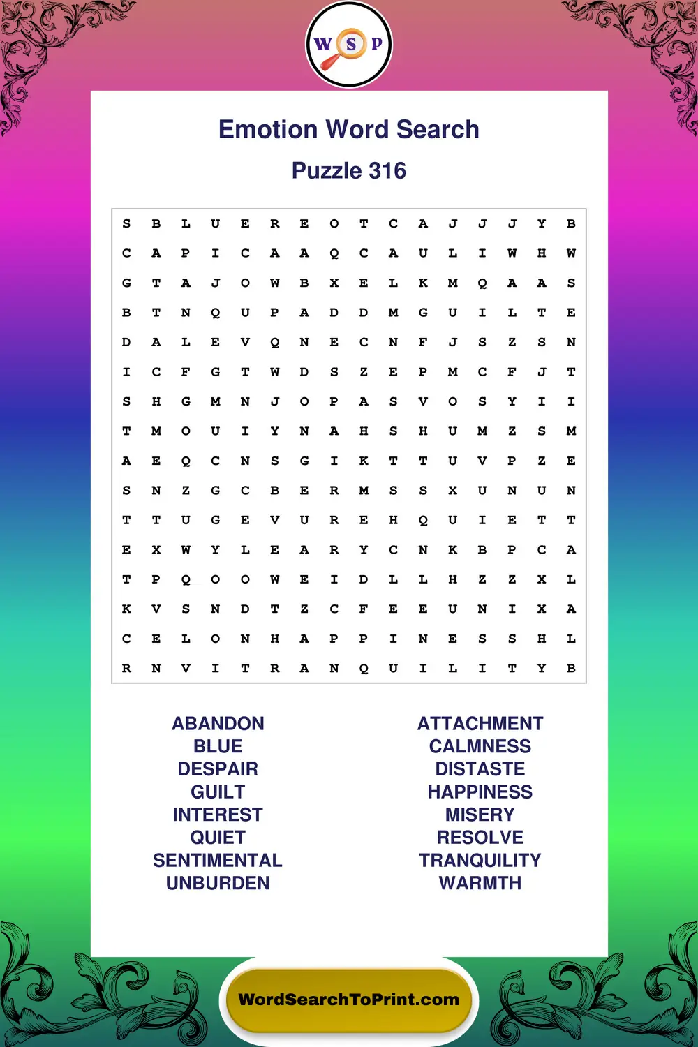 Emotion Word Search Puzzle 316