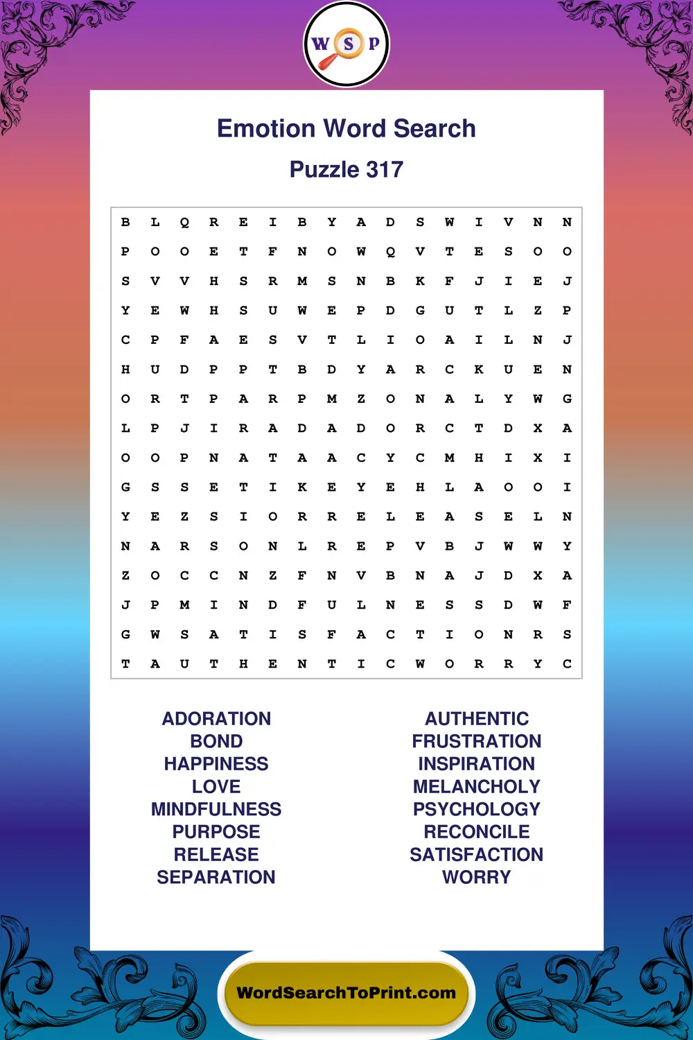 Emotion Word Search Puzzle 317