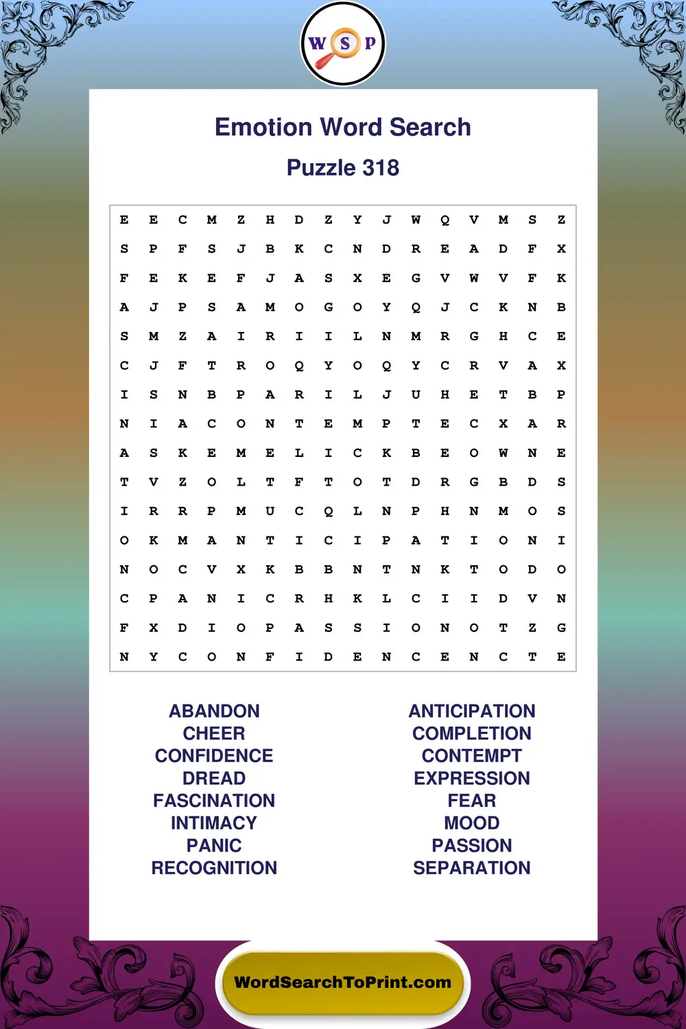 Emotion Word Search Puzzle 318