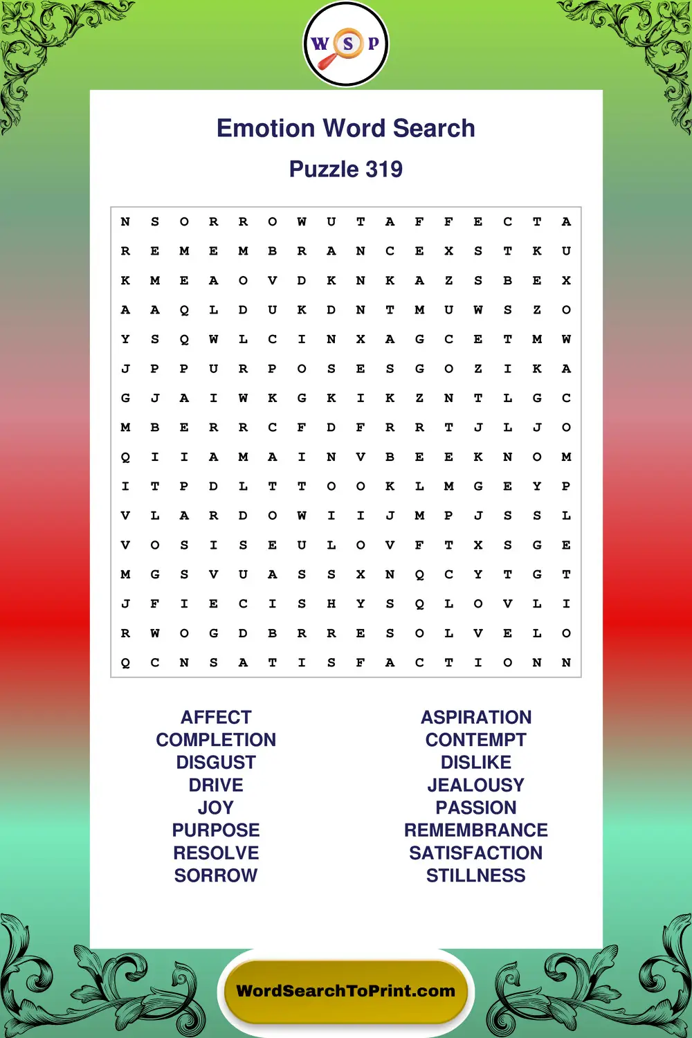 Emotion Word Search Puzzle 319