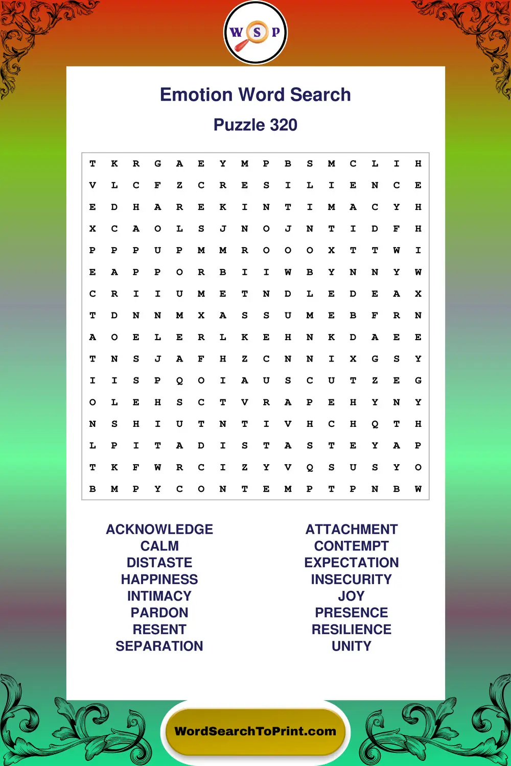 Emotion Word Search Puzzle 320