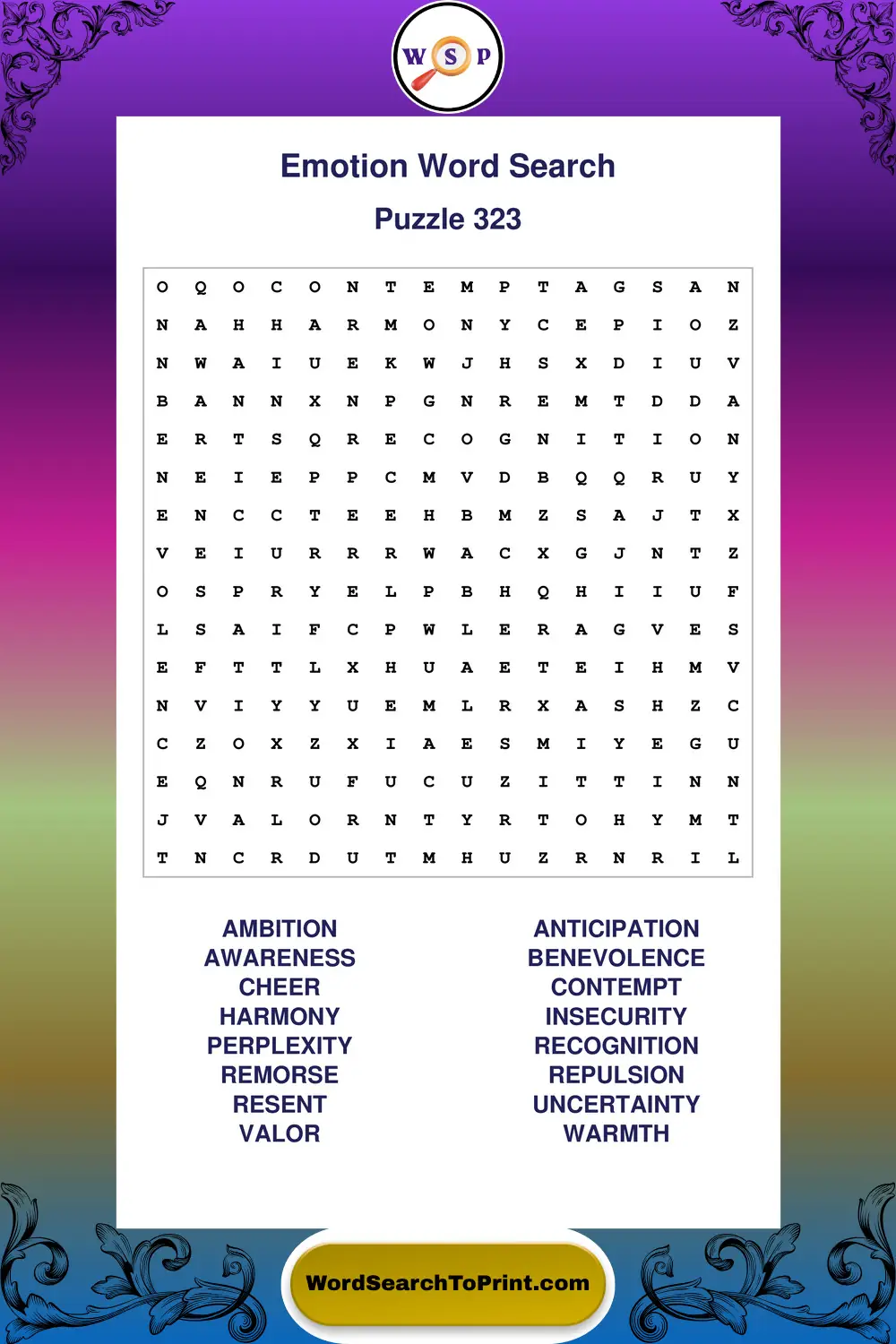 Emotion Word Search Puzzle 323