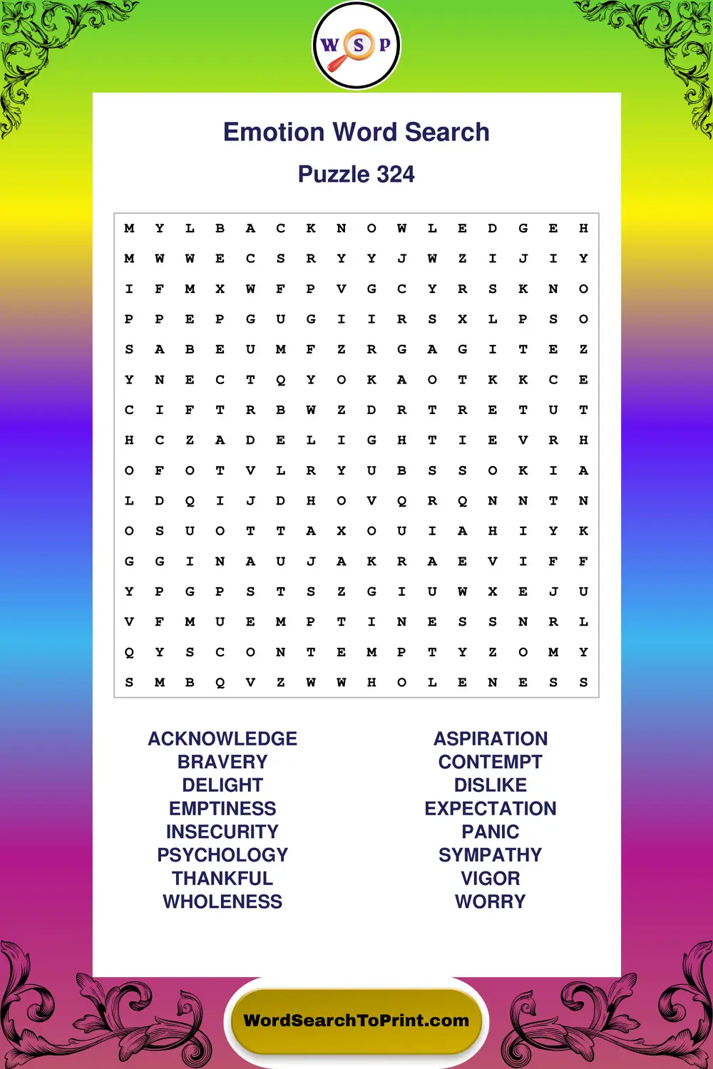 Emotion Word Search Puzzle 324
