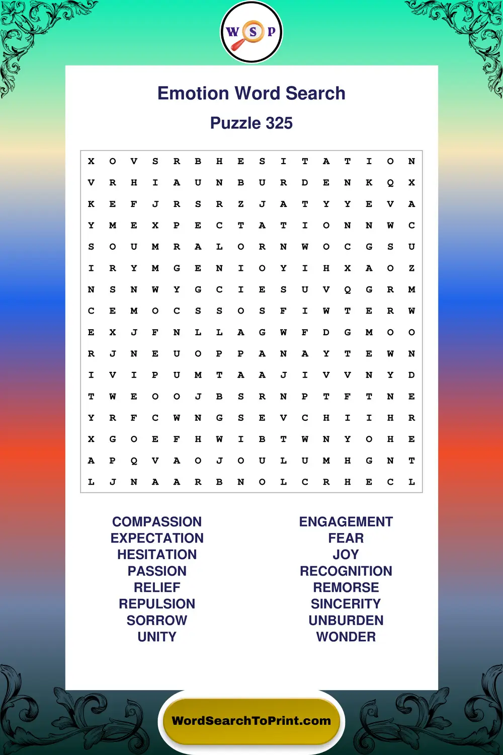 Emotion Word Search Puzzle 325