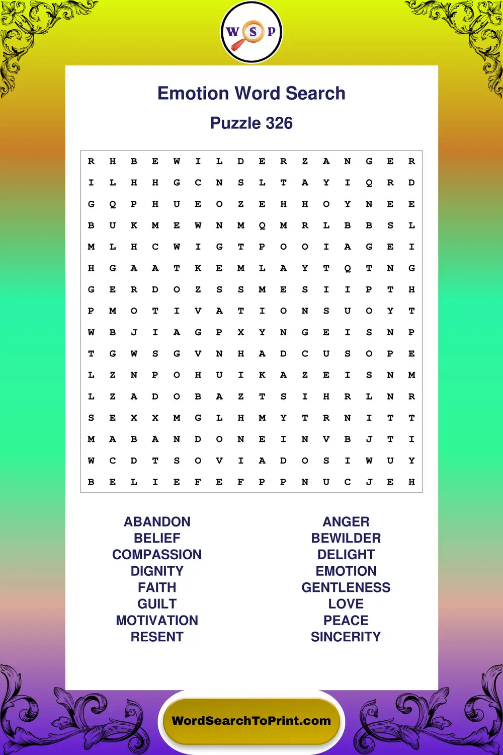Emotion Word Search Puzzle 326