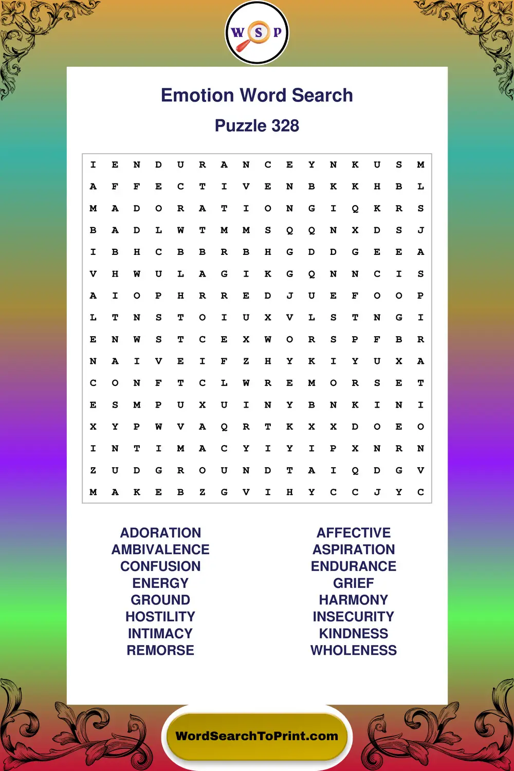 Emotion Word Search Puzzle 328