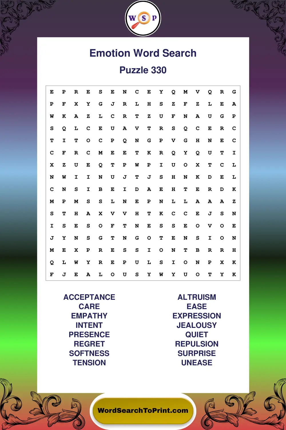 Emotion Word Search Puzzle 330