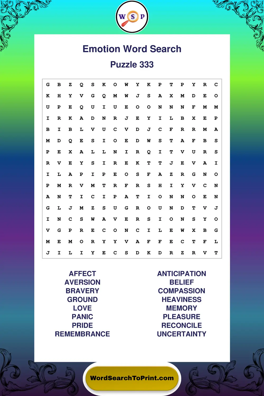 Emotion Word Search Puzzle 333