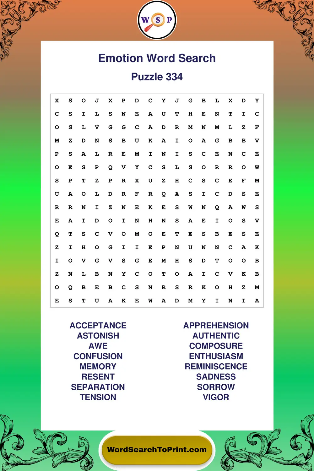Emotion Word Search Puzzle 334