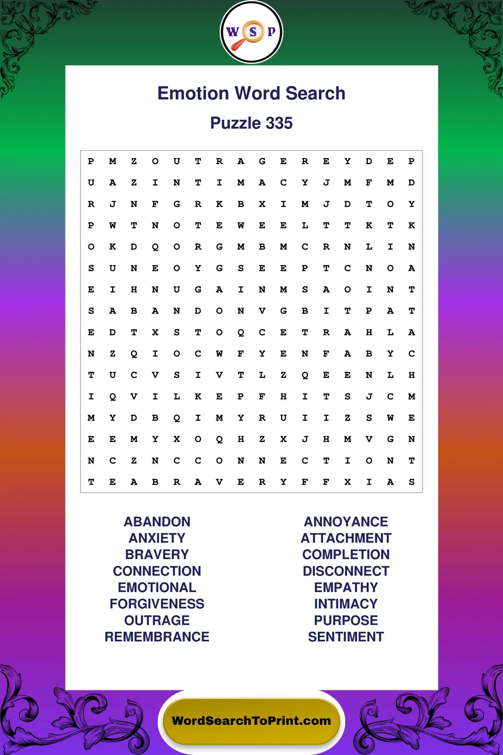 Emotion Word Search Puzzle 335