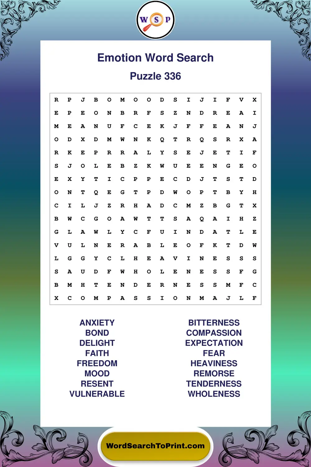 Emotion Word Search Puzzle 336