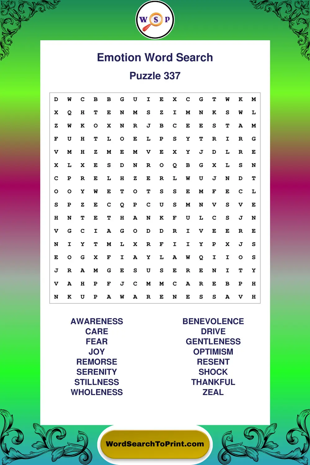 Emotion Word Search Puzzle 337