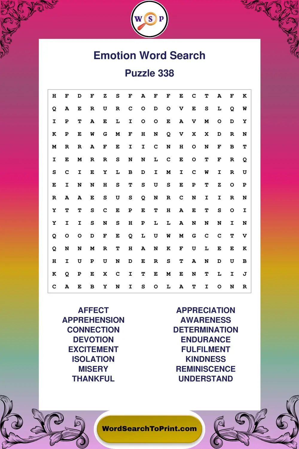 Emotion Word Search Puzzle 338