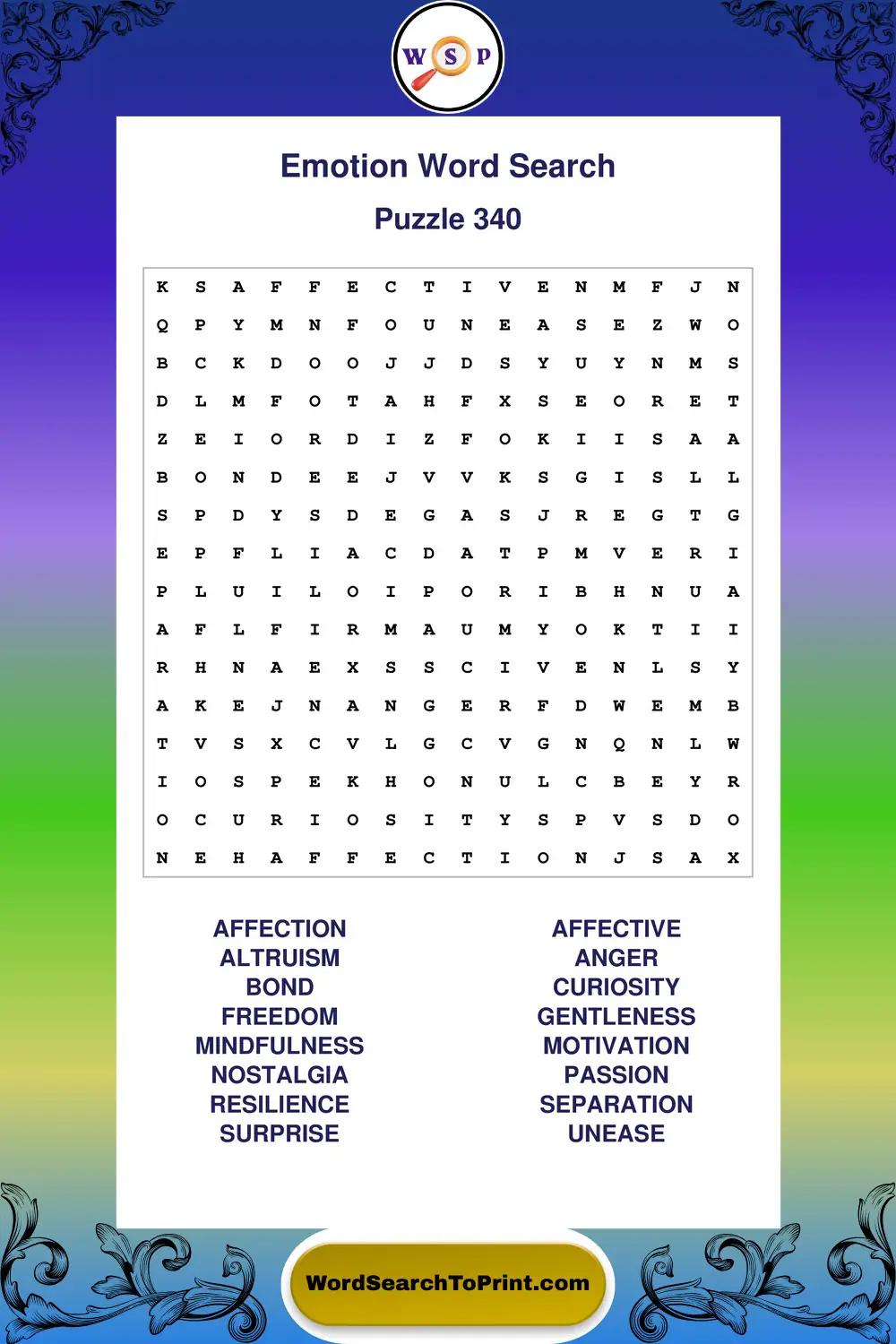 Emotion Word Search Puzzle 340