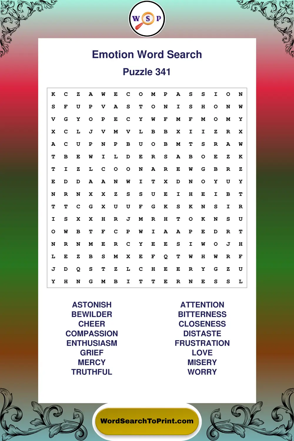 Emotion Word Search Puzzle 341