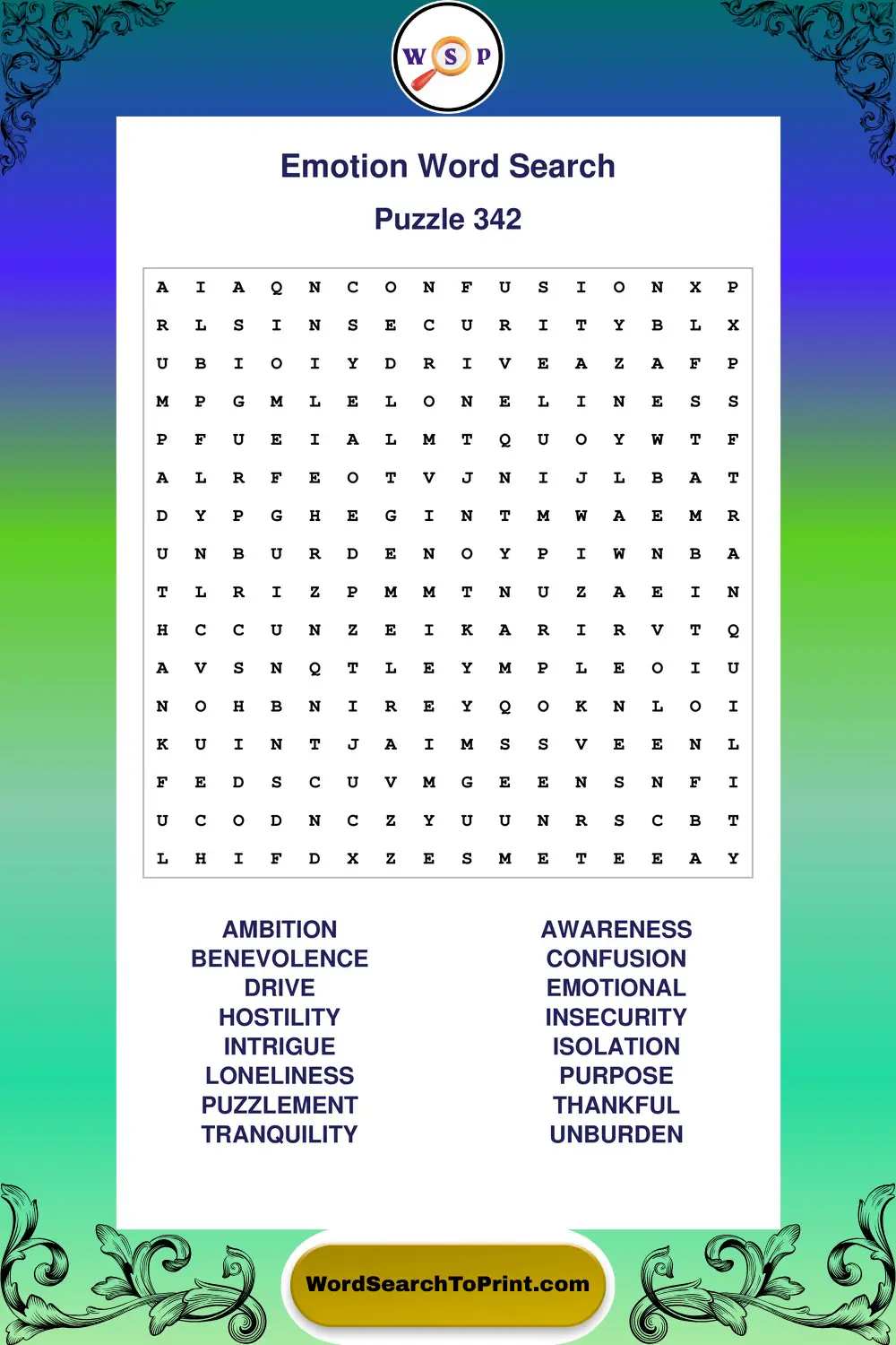 Emotion Word Search Puzzle 342