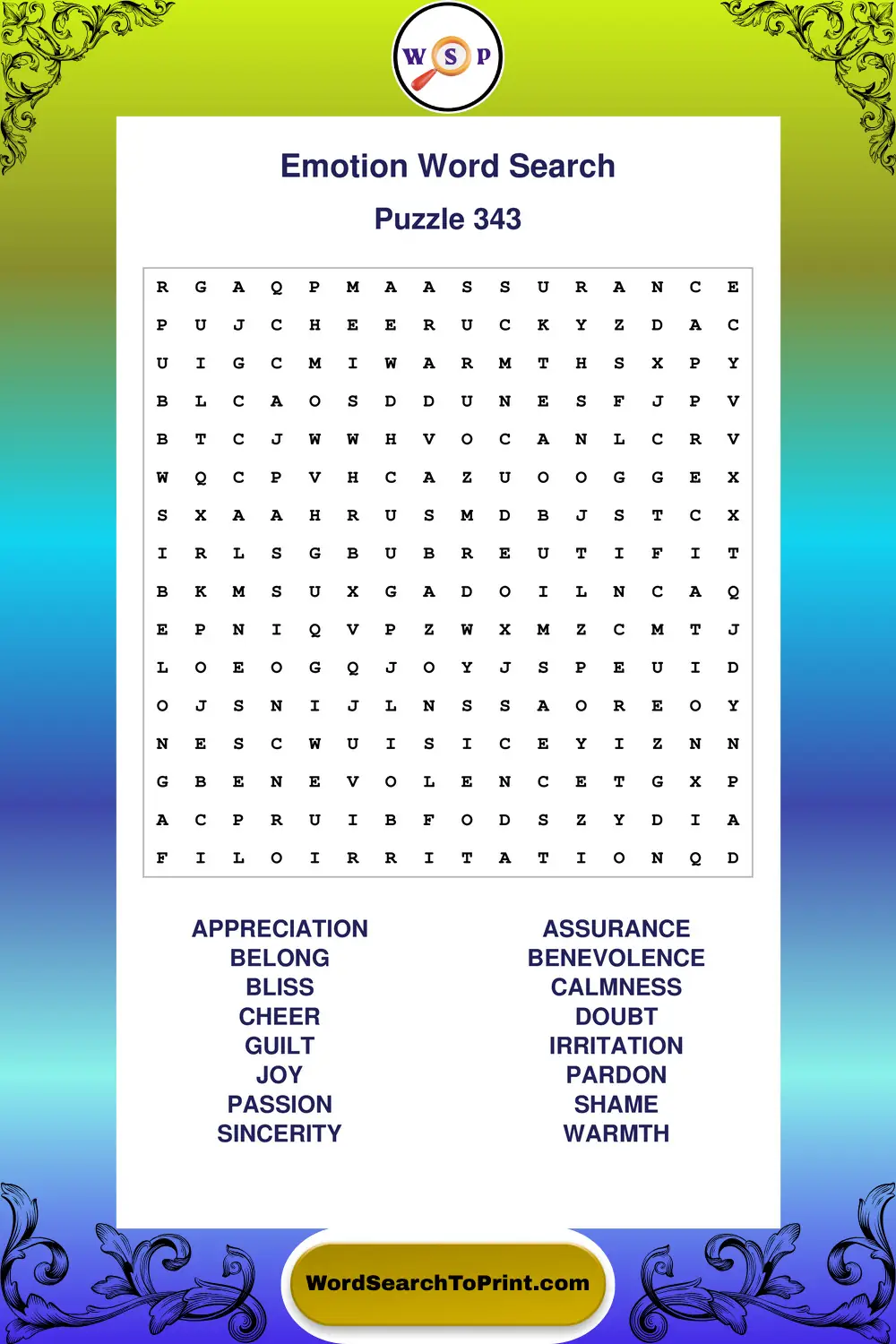 Emotion Word Search Puzzle 343