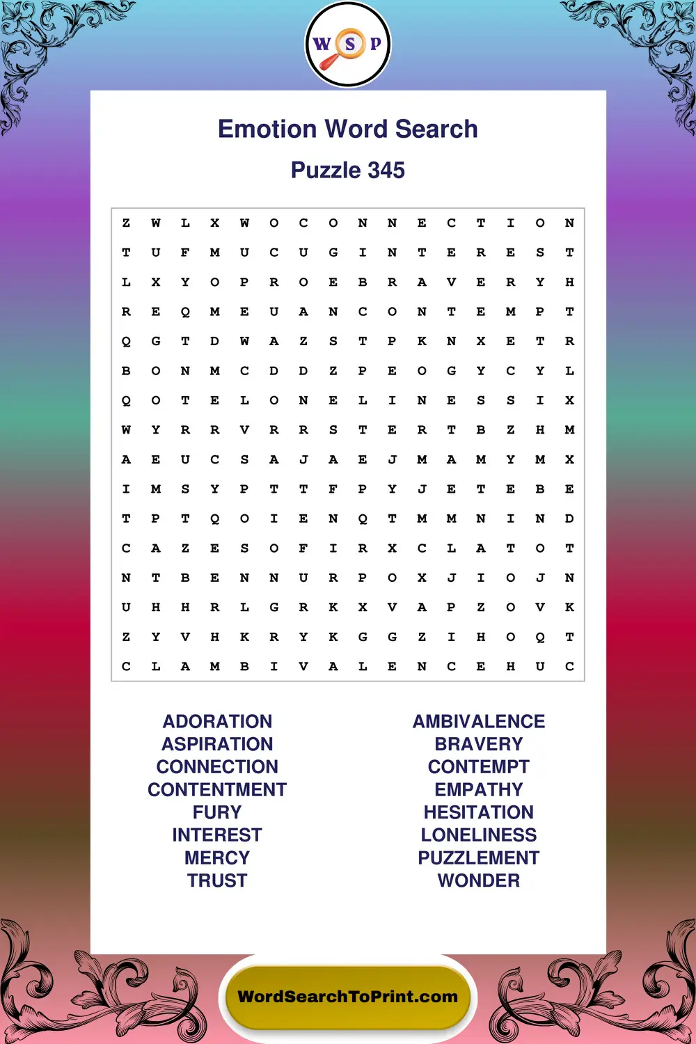 Emotion Word Search Puzzle 345