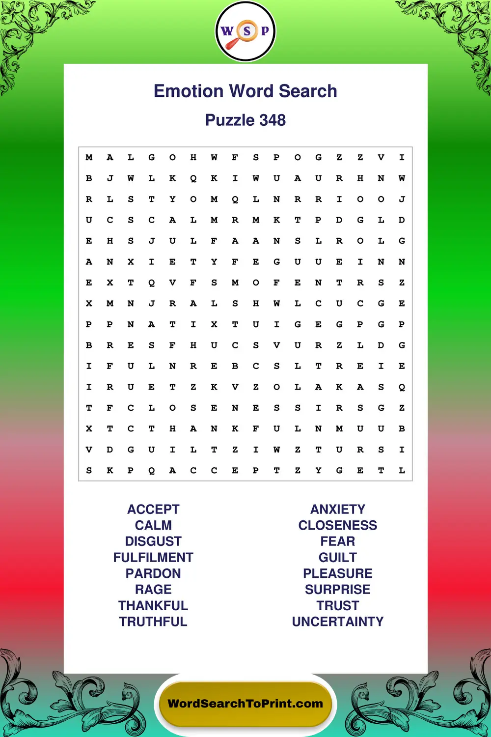 Emotion Word Search Puzzle 348