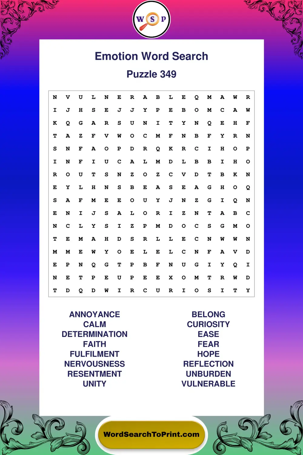 Emotion Word Search Puzzle 349