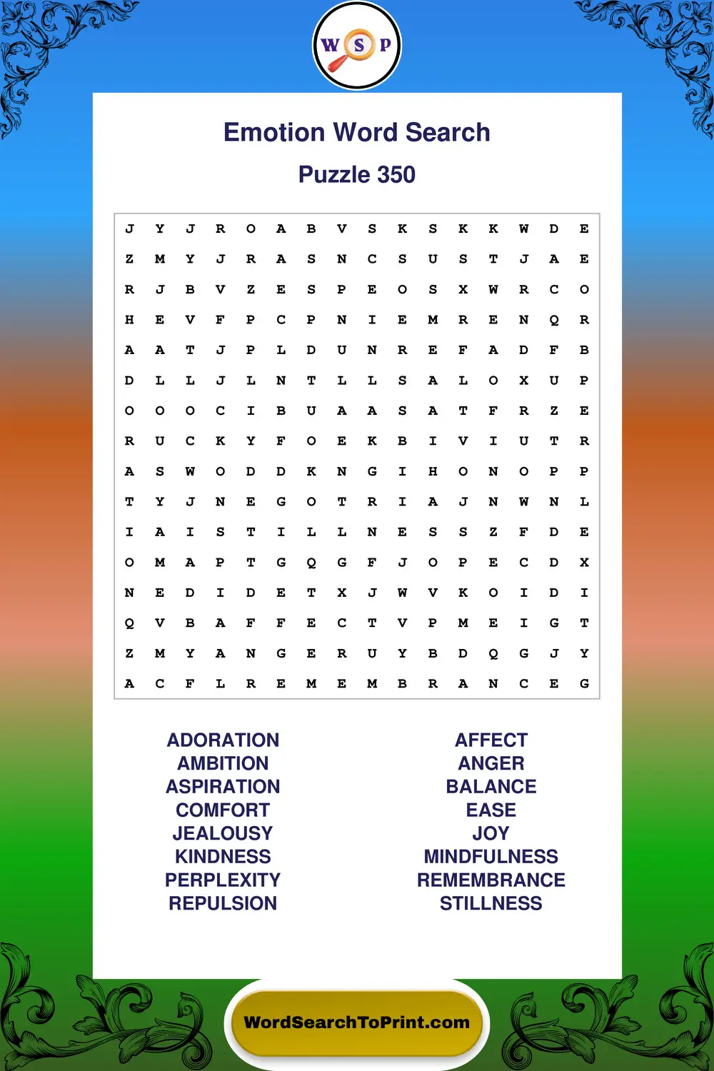 Emotion Word Search Puzzle 350