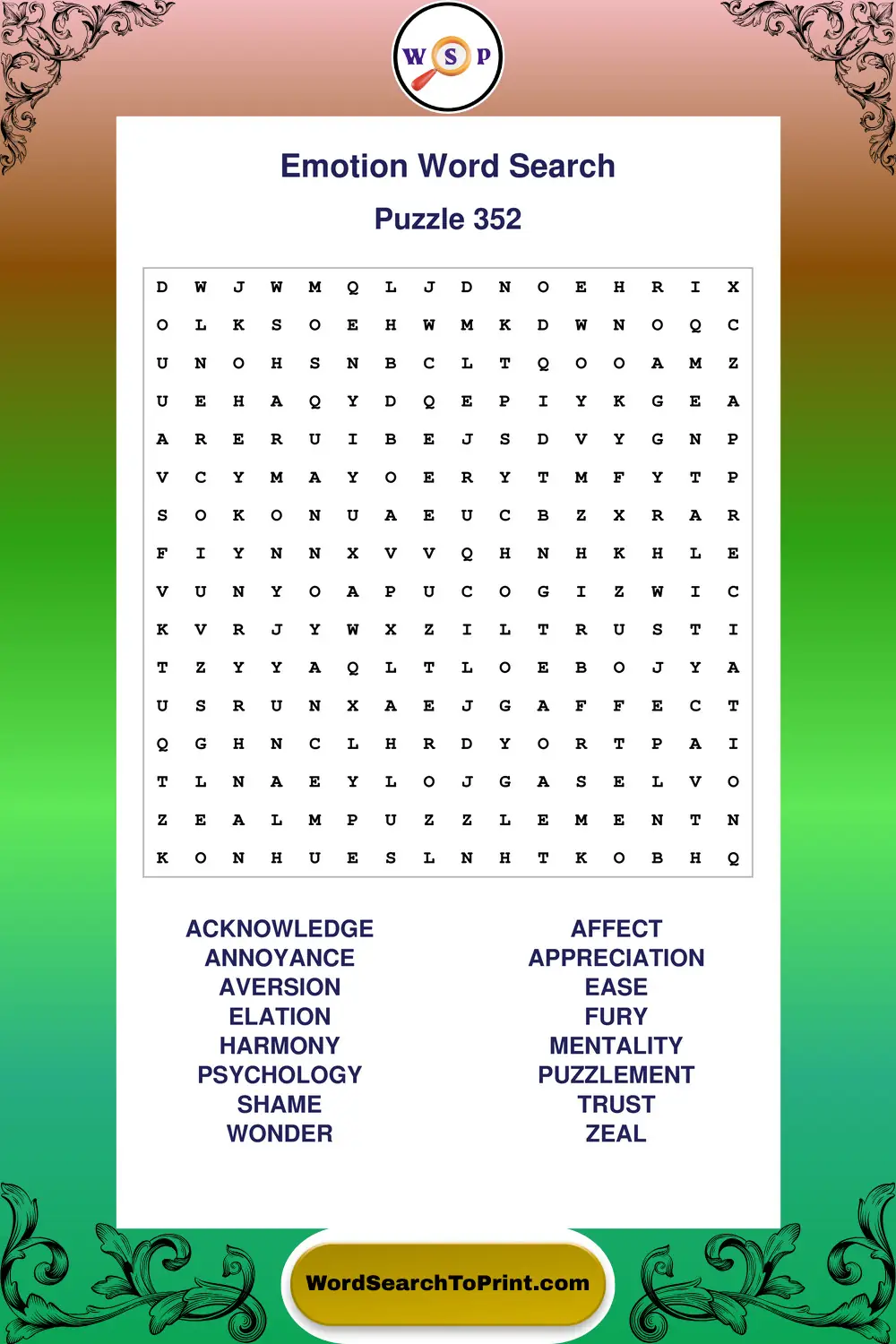 Emotion Word Search Puzzle 352