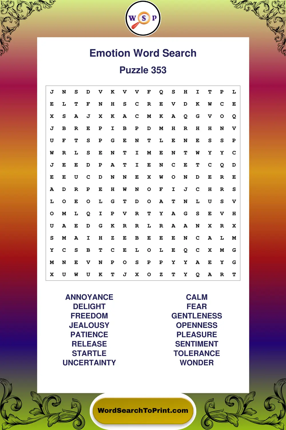 Emotion Word Search Puzzle 353